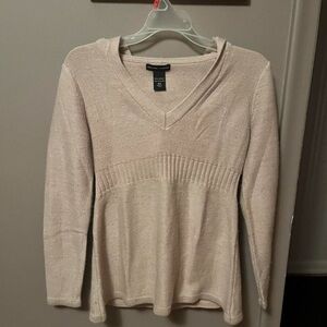 New York & Company Cream V-Neck Hooded Sweater